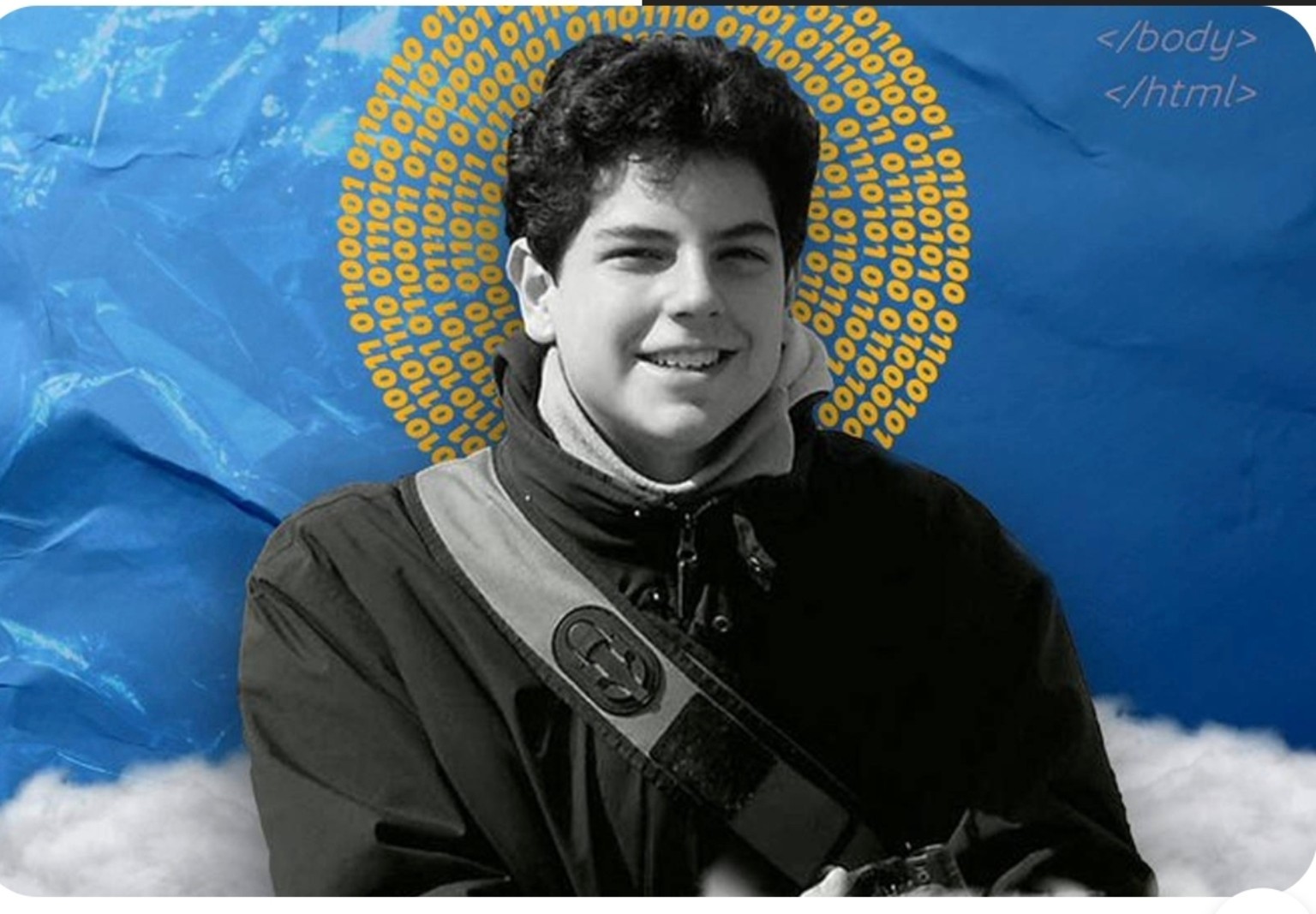 São Carlo Acutis, em destaque sobre fundo azul e dourado
